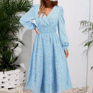 Printed Surplice Long Sleeve Midi Dress